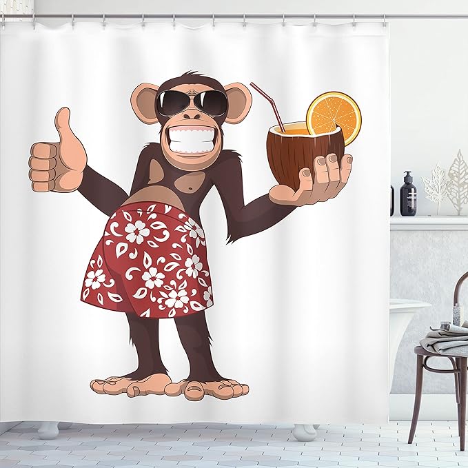 Ambesonne Cartoon Shower Curtain, Happy Chimpanzee Holding a Cocktail and Smiling Piggle Ape Cheerful Comic Art, Cloth Fabric Bathroom Decor Set with Hooks, 69" W x 75" L, Brown Ruby