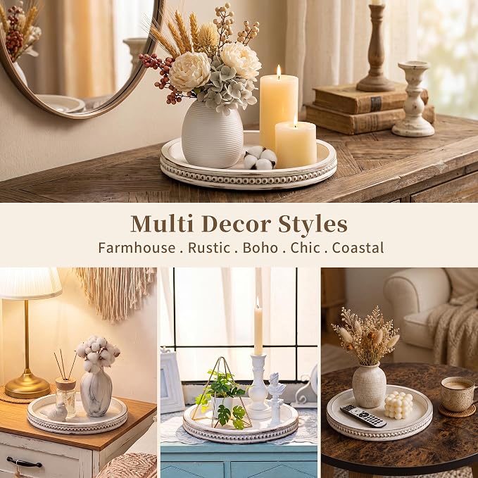 Hanobe Decorative Tray for Coffee Table: 10.5-Inch Round Whitewashed Wood Tray for Rustic Farmhouse Living Room Kitchen Island Entryway Home Decor