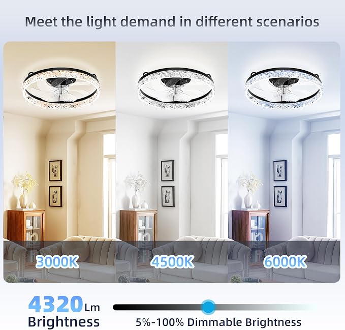 20'' Low Profile Ceiling Fan with Light and Remote, Diamond Black | Flush Mount 7-Blade Fandelier with App Control, 3CCT Dimmable, Reversible DC Motor, 6 Speeds Ceiling Fan for Bedroom