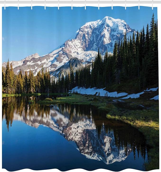 Ambesonne Mt Rainier Shower Curtain, Mount Rainier National Park Trees Snow Tranquil Lake Symmetric Reflection Image, Cloth Fabric Bathroom Decor Set with Hooks, 69" W x 70" L, Sky Blue Evergreen