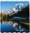 Ambesonne Mt Rainier Shower Curtain, Mount Rainier National Park Trees Snow Tranquil Lake Symmetric Reflection Image, Cloth Fabric Bathroom Decor Set with Hooks, 69" W x 70" L, Sky Blue Evergreen