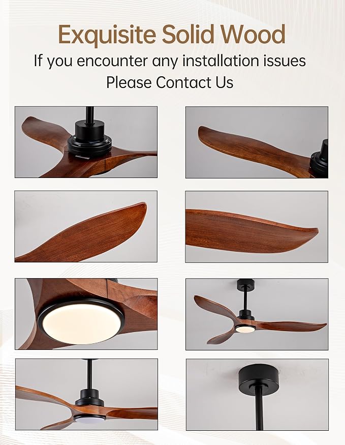 52 Inch Solid Wood Ceiling Fans with Lights and Remote, 3 Blade Walnut Outdoor Ceiling Fans with Wall Control, Dimmable, 6 Speeds, Quiet DC Motor for Bedroom/Patios/Farmhouse/Living Room