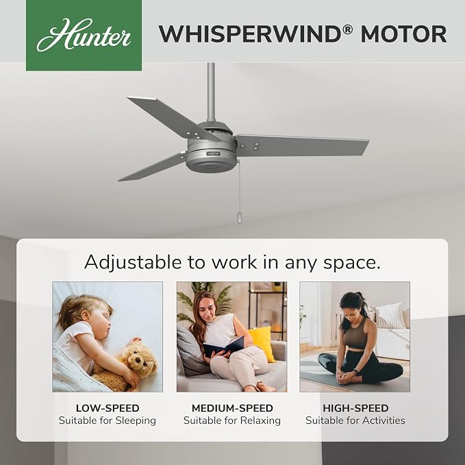 Hunter Cassius, Outdoor or Indoor, Ceiling Fan, 44 inch, Matte Silver | Covered patios and porches get a no-light design, droop-free blades, and compact scale for offices or small rooms.