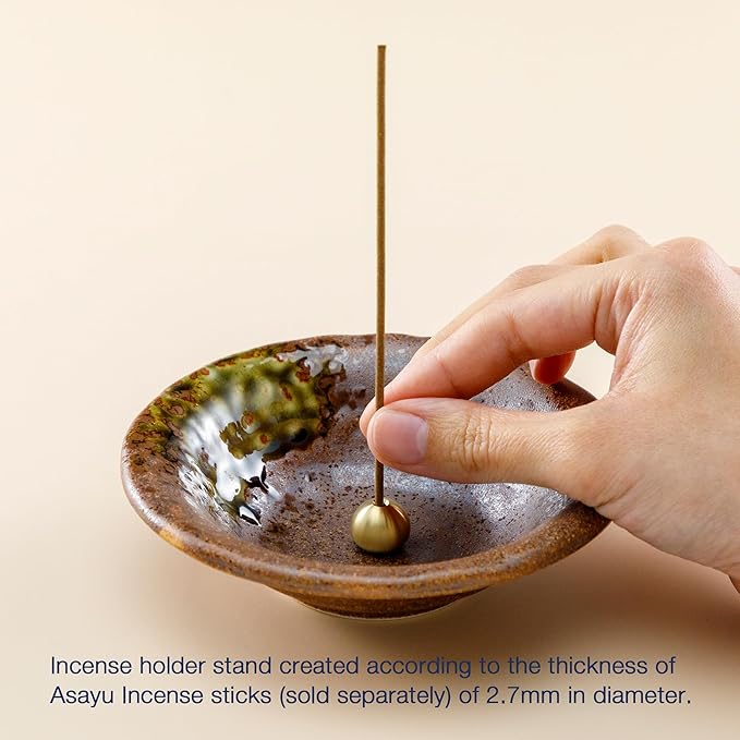Asayu Japanese Small Incense Holder for Sticks 4.88 inch (124mm), Traditional Made in Japan Ceramic Ash Catcher and Brass Incense Burner Set - Brown
