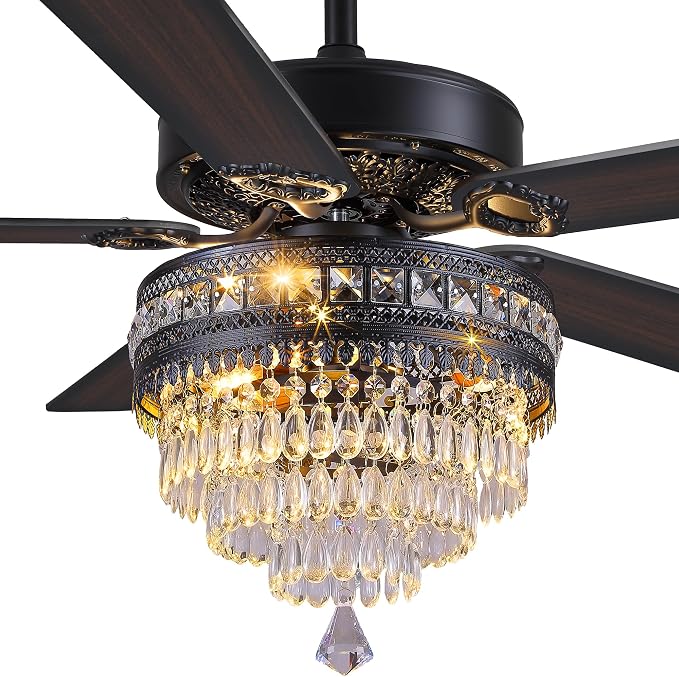 GJeg Crystal Ceiling Fan Fandelier with Lights- Retro Outdoor Fans with Remote Control, Farmhouse Ceiling Fan with Noiseless AC Reversible Motor,Dining Room,Living Room(52" Black)