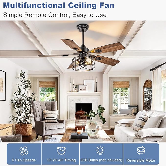Depuley 42-Inch Ceiling Fans with Lights: Caged Ceiling Fans Dual Finish 5 Blades - Rustic Ceiling Fan with Remote Control for Farmhouse Living Room Outdoor Porch Noiseless (Black Walnut)