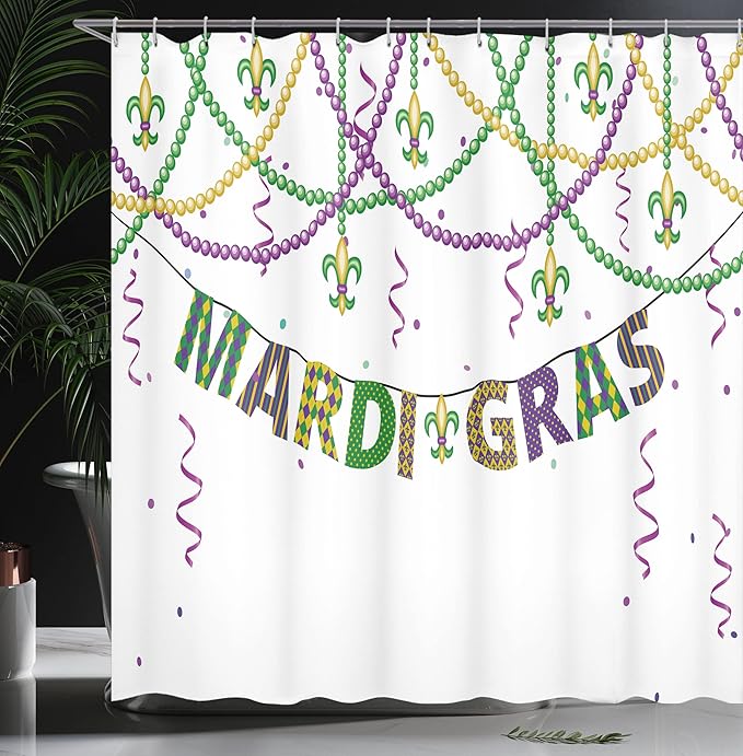 Ambesonne Mardi Gras Shower Curtain, Design with Fleur De Lis Hanging from Colorful Beads, Cloth Fabric Bathroom Decor Set with Hooks, 69" W x 70" L, Purple Green Yellow