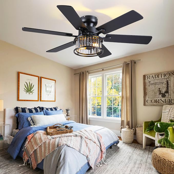Hounberi 48" Flush Mount Ceiling Fan with Light and Remote, Black Industrial Caged Ceiling Fan with Dual-Finish 6 Blades, Reversible DC Motor, Farmhouse Crystal Ceiling Fan for Bedroom, Living Room
