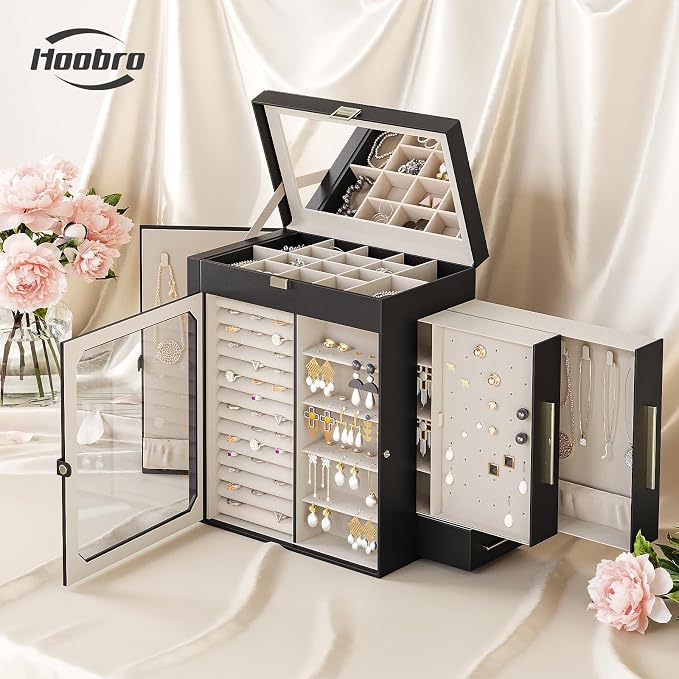 HOOBRO Jewelry Box with Mirror, Travel Jewelry Organizer with Glass Window, Jewelry Storage Case, Vertical Storage, Gift for Loved Ones, for Earrings, Rings, Necklaces, Bracelets, Black BK03JB04G2