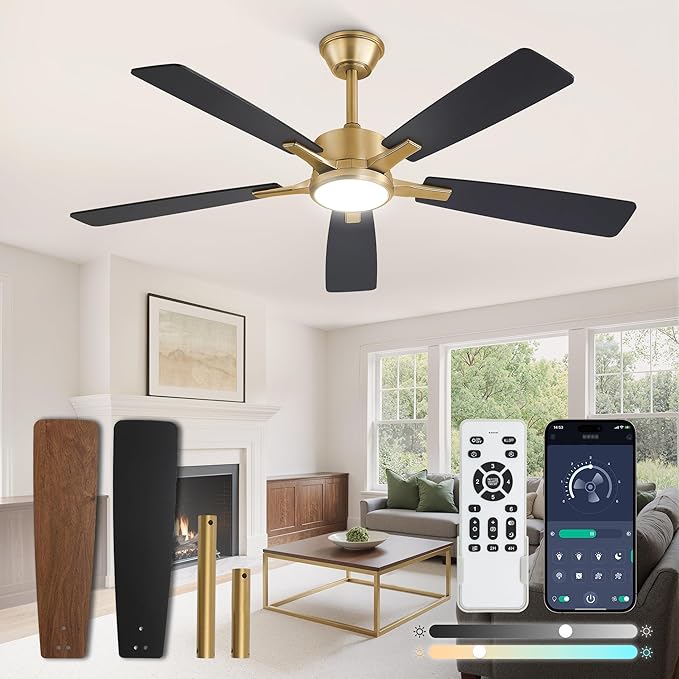 Fanbulous 52 Inch Black and Gold Ceiling Fans with Lights and Remote, Stepless Color Temperature Change & Dimmable 20W LED Ceiling Fan, 6 Speeds Reversible Quiet DC Motor for Bedroom, Living Room