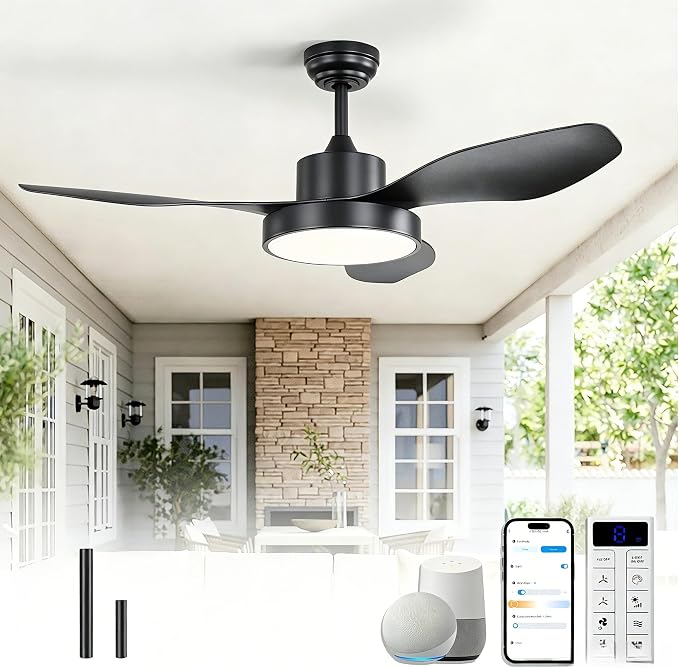 Sofucor 48 Inch Smart Ceiling Fan with Lights Modern Outdoor Ceiling Fans Compatible with Alexa/Google/APP/Remote Control, ABS Blades 6 Speeds Quite DC Motor & Timing for Patio Bedroom Living Room