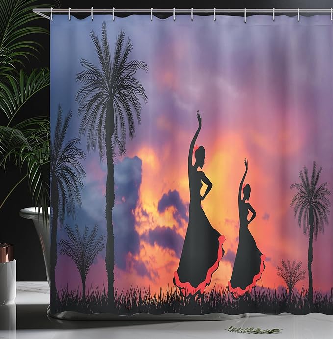 Ambesonne Spanish Shower Curtain, Silhouette of 2 Girls Dancing Flamenco with Dramatic Cloudy Sunset Sky Background, Cloth Fabric Bathroom Decor Set with Hooks, 69" W x 75" L, Salmon Pale Purple