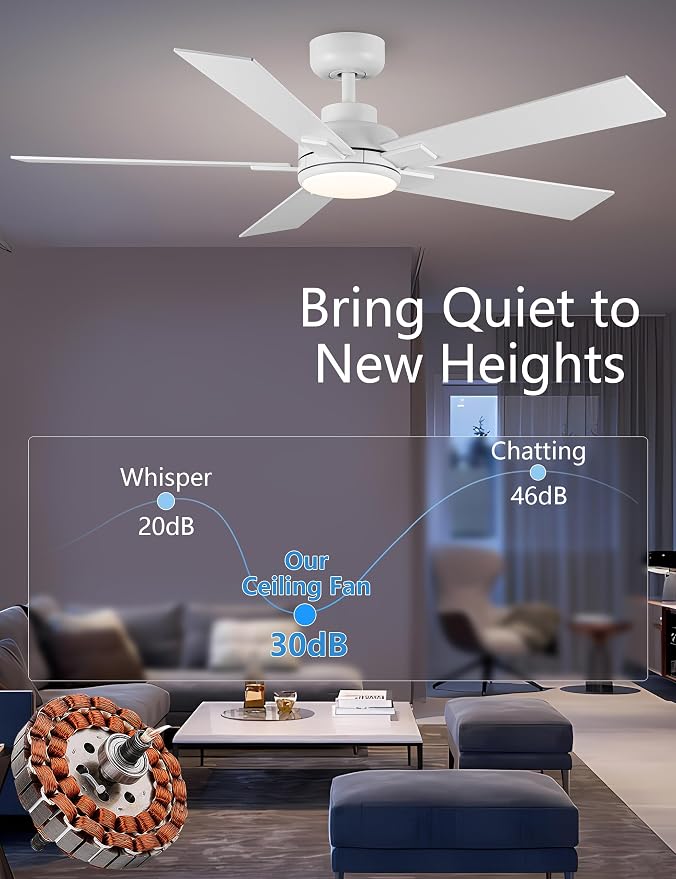 Modern Ceiling Fans with Lights - 52 inch Outdoor White Ceiling Fan with Light and Remote, Reversible DC Motor, 6-Speed Quiet 3CCT LED Dimmable for Bedroom, Indoor and Outdoor, Patios , ETL Listed