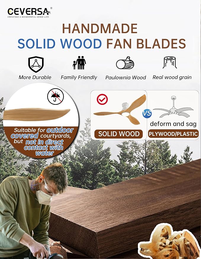 52 Inch Flush Mount Ceiling Fans with Lights and Remote,Low Profile Natural Wood 3 Blade Ceiling Fan,Dimmable,Quiet Noiseless DC Motor for Patios,Living Room,Bedroom(Wall Control Switch)