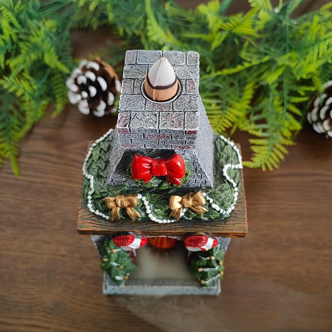 Hosley Resin Backflow Incense Holder and Burner - 7 Inch Christmas Fireplace Smoke Fountain Statue for Home Decor with 20 Apple Cinnamon Cones, Ideal for Meditation, and Relaxation