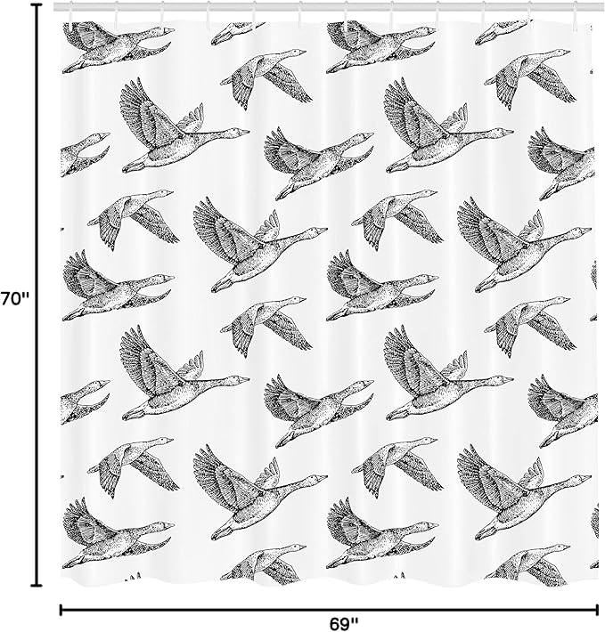 Ambesonne Geese Shower Curtain, Flying Geese Wings with Drawing Effect Wildlife Illustration Vintage Pattern Print, Cloth Fabric Bathroom Decor Set with Hooks, 69" W x 70" L, Charcoal White