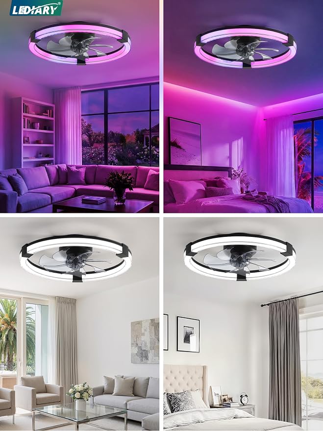 LEDIARY Ceiling Fan with Light,20inch Low Profile Fandelier with Remote RGB | Black RGB,6 Speeds, Reversible DC Motor, Dimmable Flush Mount Fan Light, Modern fans for Bedroom