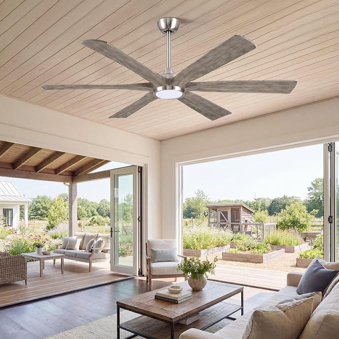 60 Inch Smart Outdoor Ceiling Fan with Light, Modern Farmhouse Style, Works with Alexa/App/Remote, 6 Gray Solid Wood Blades, Damp Rated Quiet DC Motor for Patios, Covered Porches & Indoor Bedrooms