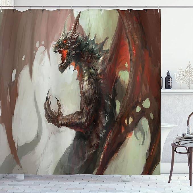 Ambesonne Medieval Shower Curtain, Scary Ilustration of a Mythological Creature Fantasy World Dragon Imaginary Culture Horror Concept, Fabric Bathroom Decor Set with Hooks, 69" W x 75" L, Red Brown