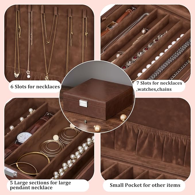 BEWISHOME Jewelry Boxes for Women, 2-Layer Necklace Organizer Box, Modern Style Jewelry Organizers and Storage with Removable Pad, Mothers Day (Brown SSH31Z)