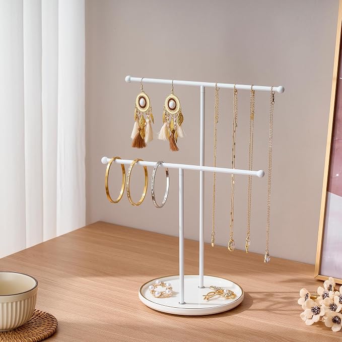 Jewelry Stand with Ceramic Tray, Necklace Holder, White Bar White Base | Ceramic Base, Gift for Women & Girls, Hanging Necklace Organizer Tree, Earrings, Bracelets, Rings, small