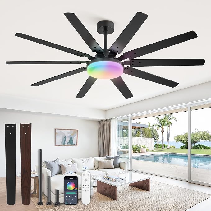 Fanbulous 65 inch RGB Ceiling Fans with Lights and Remote, Outdoor Black Ceiling Fan with 10 Blades, 32W LED light 3 CCT, 6 Speed Reversible Quiet DC Motor, Modern Ceiling Fan for Living Room Patio