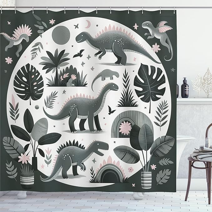 Ambesonne Dinosaur Shower Curtain, Dreamy Exotic Monstera Leaves and Jurassic Animals with Flowery Joy, Cloth Fabric Bathroom Decor Set with Hooks, 69" W x 75" L, Grey Teal Off White Rose