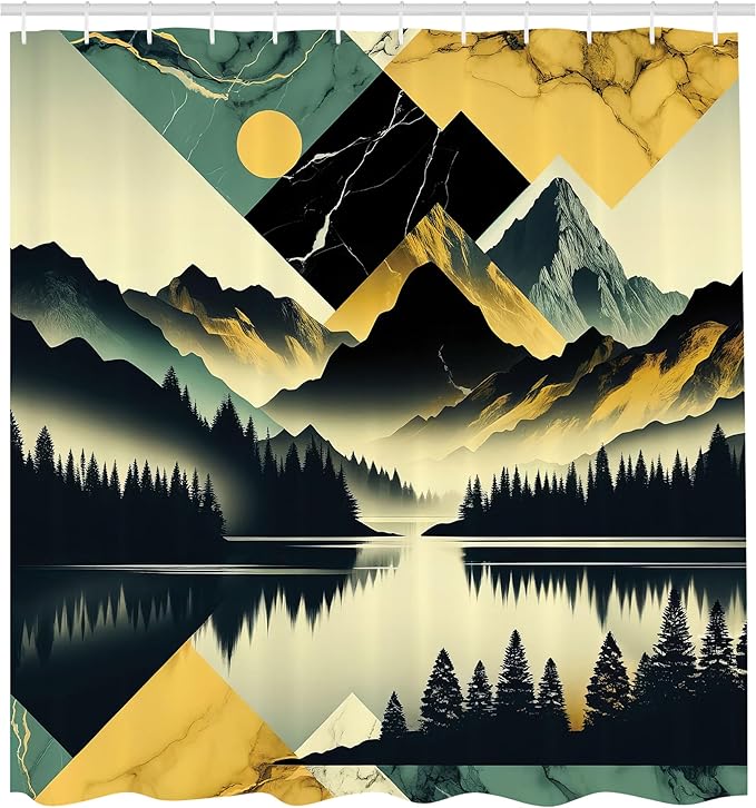 Ambesonne Lake Shower Curtain, Silhouettes of Dark Woods and Mountains with Contemporary Rhombus Ornaments, Cloth Fabric Bathroom Decor Set with Hooks, 69" W x 84" L, Dark Green Teal Khaki