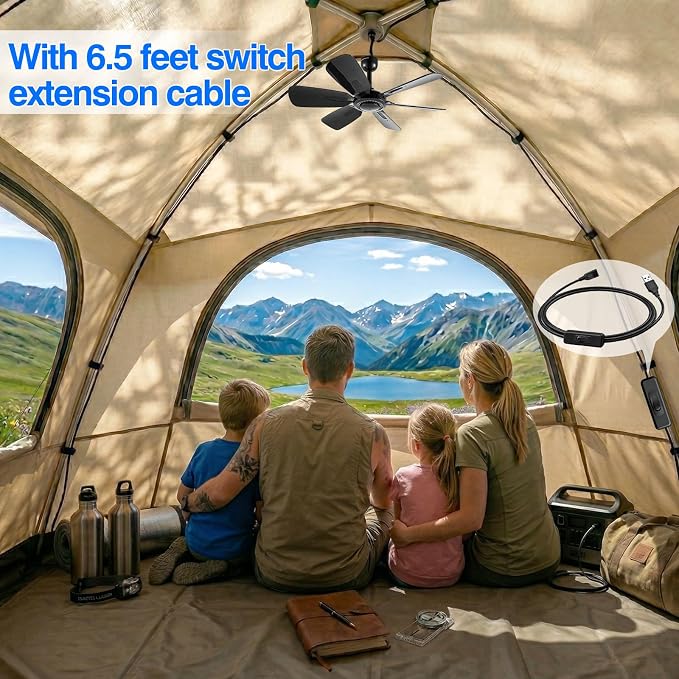 17.7" Inch Small Portable Ceiling Fan with ON/OFF switch, USB Plug In, 5V DC Powered, 6 Blades, Indoor/Outdoor RV Camping Tent Canopy, Gazebo，Beach，Hanging, Quiet,black