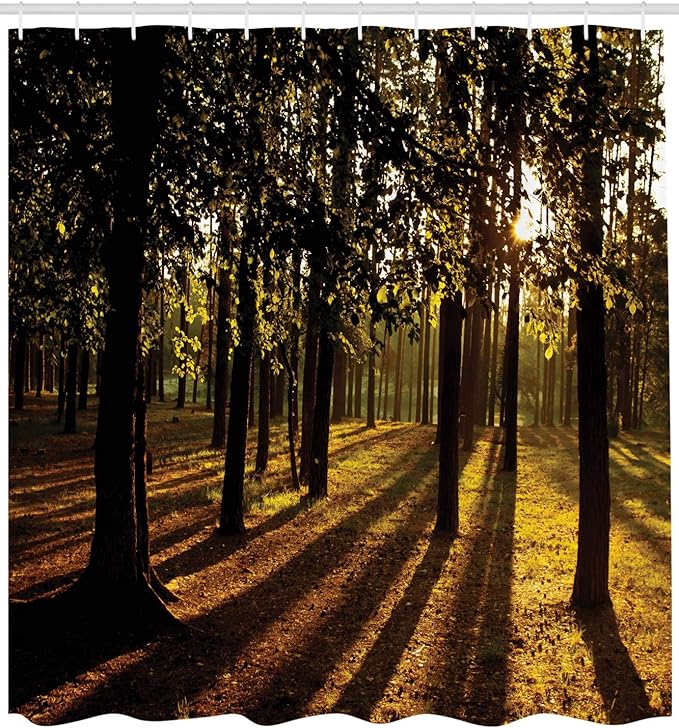 Ambesonne Forest Shower Curtain, Sunbeams Rays Through The Trees in Summertime Forest Countryside View Art Print, Cloth Fabric Bathroom Decor Set with Hooks, 69" W x 84" L, Orange Brown