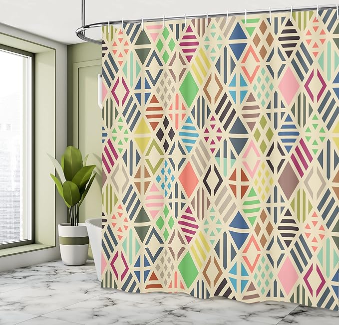 Ambesonne Geometric Shower Curtain, Vintage Rhombuses Rhomb Pattern Old Times Periodic Style Stripes Continuity Art, Cloth Fabric Bathroom Decor Set with Hooks, 69" W x 75" L, Magenta Blue