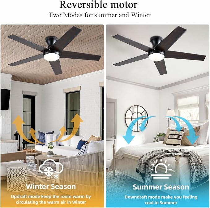 Ayaoty Ceiling Fans with Lights, 52" Low Profile Indoor Ceiling Fan with Light and Remote Control, Dimmable, Noiseless, Reversible, Brown Ceiling Fan for Bedroom, Indoor/Outdoor Use