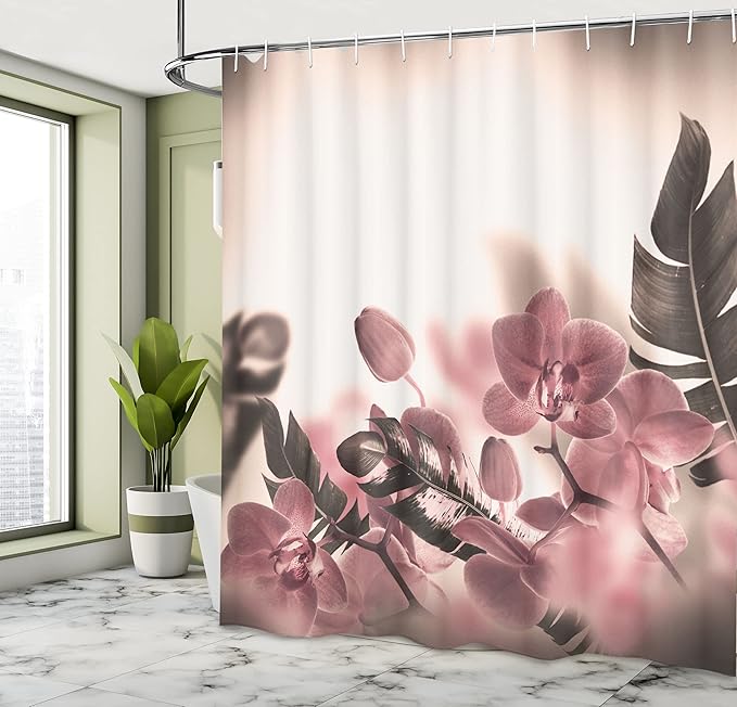 Ambesonne Tropical Shower Curtain, Exotic Orchids Blossom Leaves on Blurred Background Floral Themed Modern Art, Cloth Fabric Bathroom Decor Set with Hooks, 69" W x 84" L, Dried Rose