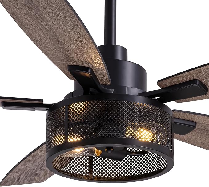 LuminFan 52 Inch Ceiling Fans with Lights and Remote Control, Farmhouse Ceiling Fan for Bedroom Living Room and Patio, Black Caged Ceiling Fan for Indoor and Outdoor