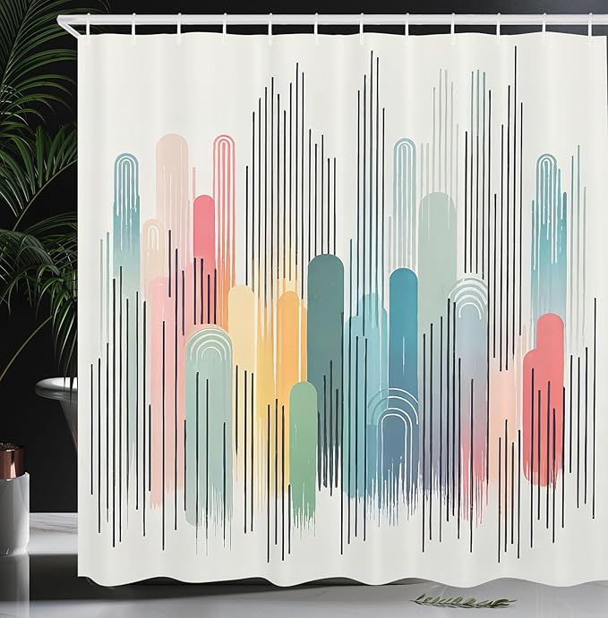 Ambesonne Colorful Shower Curtain, Simple Minimalist Design Abstract Rainbow Tone Stripes of Modern Joy, Cloth Fabric Bathroom Decor Set with Hooks, 69" W x 84" L, Multicolor White Grey