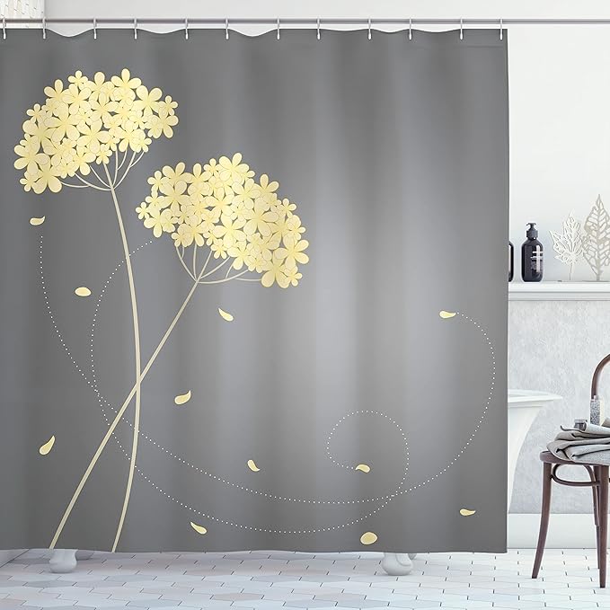 Ambesonne Allium Flower Shower Curtain, Floral Design with Swirl Lines Falling Leaves Autumn Inspired, Cloth Fabric Bathroom Decor Set with Hooks, 69" W x 84" L, Pastel Yellow