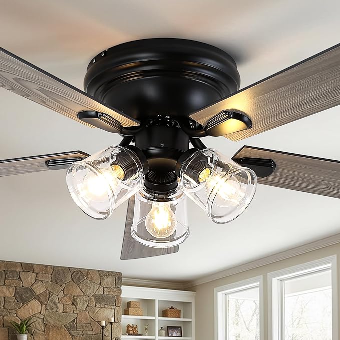 52 Inch Vintage Ceiling Fan with Light and Remote Control | Flush Mount Chandelier Fandelier Rustic with 6 Speeds 5 Reversible Blades for Bedroom Kitchen Dining Room
