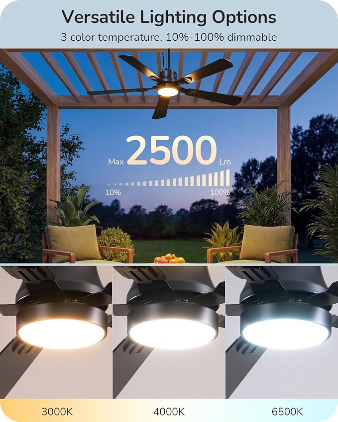 EDISHINE 52" Outdoor Ceiling Fan with Light, IP66 Waterproof Gazebo Hanging Fan, 5200 CFM, 3CCT, APP/Remote Control, 5 Wood Blade, 6-Speed Winds, Plug in Ceiling Fans for Patios Porch Pergola, Black