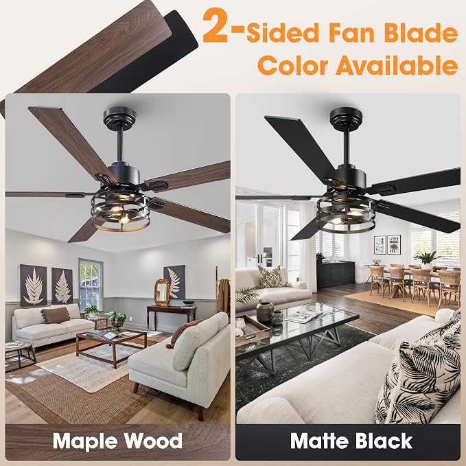 60" Farmhouse Ceiling Fans with Lights, Large Ceiling Fan with Remote for Living Room,5 Dual Finish Blades, 6 Speeds Adjustable & Reversible DC Motor, Rustic Ceiling Fan for Living Room & Bedroom