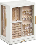 Glimmloop 360° Rotating Jewelry Box with 5 Drawers, Spacious Vertical Jewelry Organizer with Glass Window, Jewelry Storage Case, Dustproof & Moisture-resistant Design, White