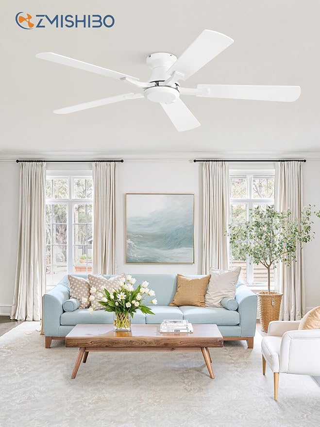 ZMISHIBO 52 Inch Ceiling Fan No Light, Flush Mount Low Profile, Modern White Ceiling Fan Without Light, Remote Control & Quiet DC Motor, for Indoor&Outdoor, Bedroom, Living Room
