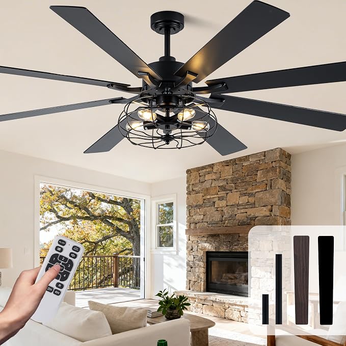 72 Inch Industrial Farmhouse Ceiling Fan with Lights and Remote, Black Vintage Caged Chandelier Ceiling Fan with 5 Reversible Wooden Blades for Dining Room Living Room Bedroom