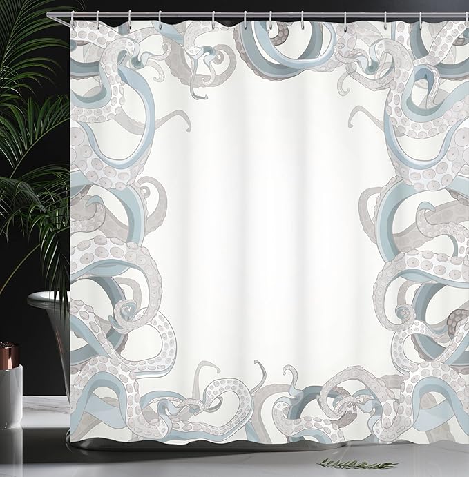 Ambesonne Octopus Shower Curtain, Background of Octopus Tentacles Aquatic Under The Sea Art Illustration Marine Life, Cloth Fabric Bathroom Decor Set with Hooks, 69" W x 70" L, Grey Blue