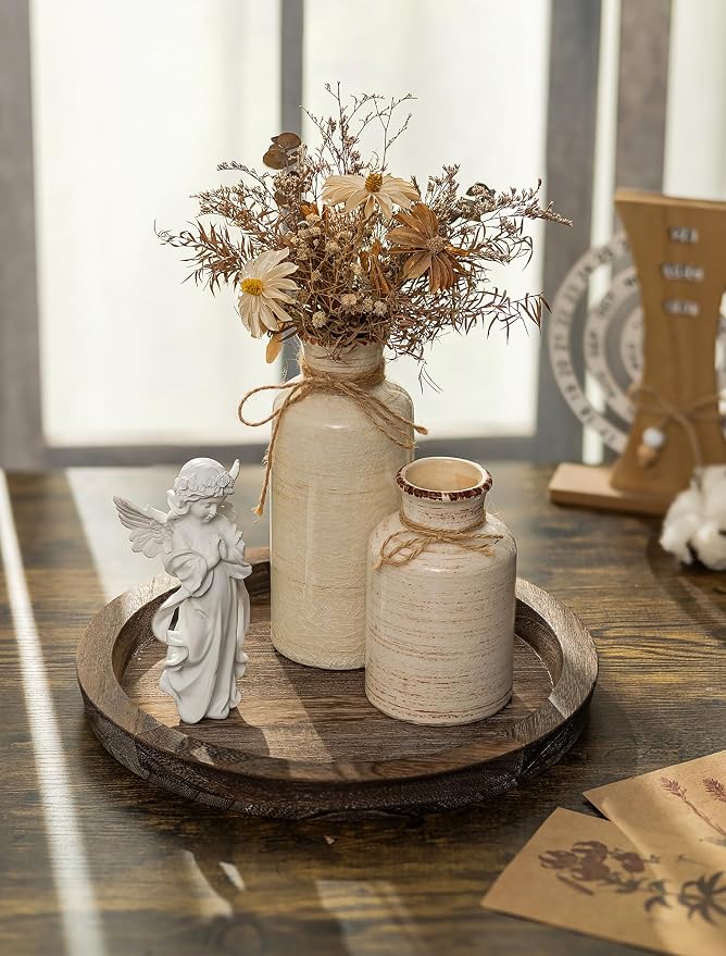 Hanobe Round Wooden Candle Holder Trays for Coffee Table, Distressed Finish | 11.2" Rustic Decorative Candlestick Plates for Kitchen Centerpiece, Farmhouse Living Room Fall Decor