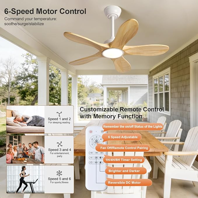 36 Inch White Ceiling Fans with Lights and Remote Control, 5 Blade Natural Wood Ceiling Fan with Light, Modern Indoor Outdoor Ceiling Fan for Porch Kitchen, Dimmable, Reversible, Memory Function