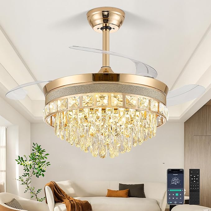 42 Inch Fandelier Ceiling Fan with Light, Chandelier Ceiling Fans with Lights, Crystal Ceiling Fans for Bedroom Living Room, LED Dimmable, 6 Wind Speed,3 Color Temperatures-Gold
