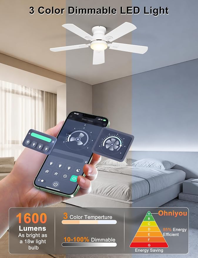 Ohniyou Ceiling Fans with Lights, 42 Inch Low Profile Ceiling Fan with Light and Remote/APP Control, Flush Mount, Dimmable, Quiet DC Motor, White Small Indoor Ceiling Fan for Bedroom, Kitchen