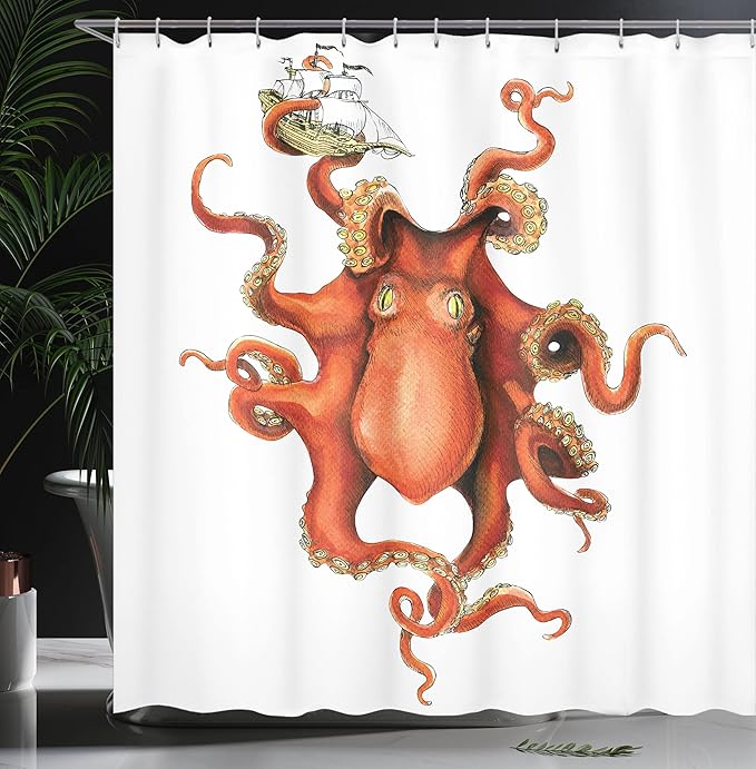 Ambesonne Octopus Shower Curtain, Kraken Octopus Holding Sailing Ship in Tentacles Mythical Monster Nautical Theme, Cloth Fabric Bathroom Decor Set with Hooks, 69" W x 75" L, Orange White