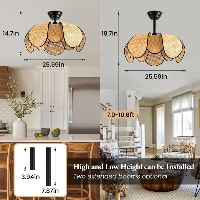 Rattan Fandelier Ceiling Fans with Lights,Boho Black Chandelier Ceiling Fan with Light Remote Flush Mount Chandelier Ceiling Fan with 6 Speeds Fandelier for Bedroom Living Room Kitchen 26inch