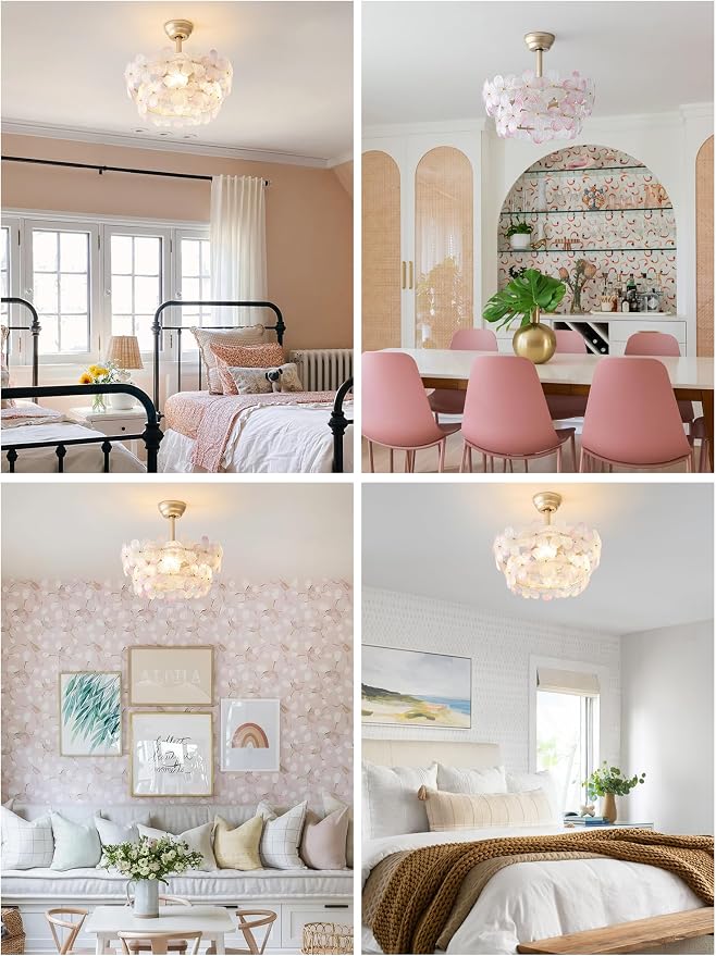 Gold Crystal Fandelier Ceiling Fans with Lights, 20" Gold Flower Chandelier Ceiling Fan with Light Remote Control, Caged Mid Century with 6 Speeds for Bedroom, Nursery, Living Room (Pink)
